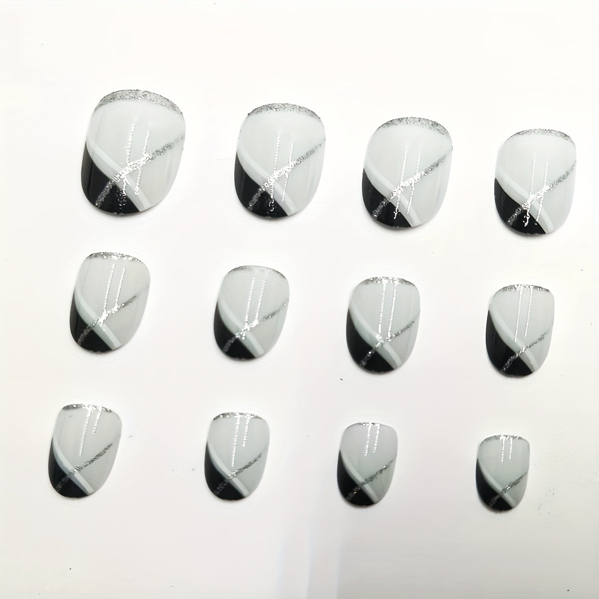 24pcs French Gradient Nail Art Tips Set, Oval Shape Short Length, Black & Fair Tone, Glossy Finish, with Glitter Accents, Jelly Adhesive Tabs & Nail File